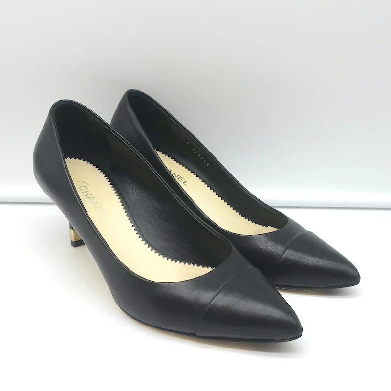 Chanel CC Gold-Tipped Heel Cap Toe Pumps Black Leather Size 37.5---Comfortable Leather Pumps for Office and Everyday Wear