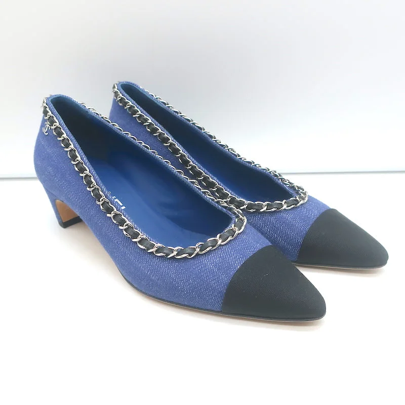 Chanel Chain Link Cap Toe Pumps Blue Denim Size 36 Pointed Toe Kitten Heel NEW---Fashionable Kitten Heels for Date Night