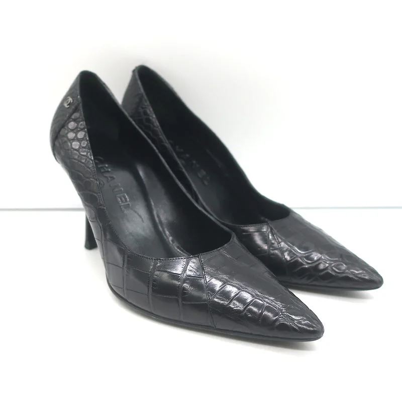 Stiletto Heel Pumps with Perfect Fit--Chanel Croc Pumps Black Leather Size 39.5 Pointed Toe Heels-Fashionable & Classic