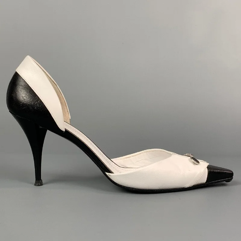 Trendy D'Orsay Pumps for Fashion-Forward Women---CHANEL Size 10 White & Black Two Tone Leather D'Orsay Pumps