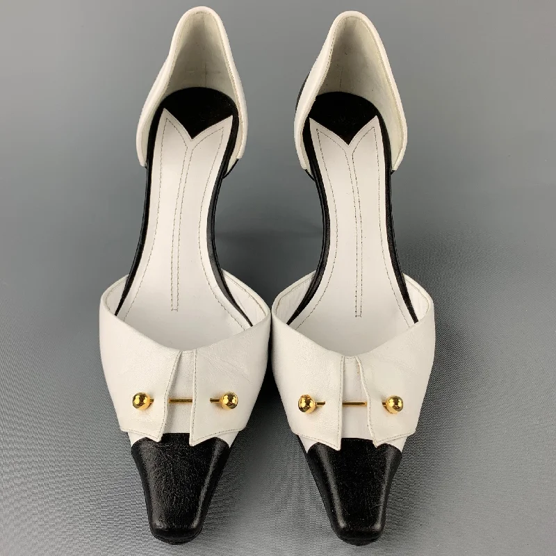 Trendy D'Orsay Pumps for Fashion-Forward Women---CHANEL Size 10 White & Black Two Toned Leather D'Orsay Pumps