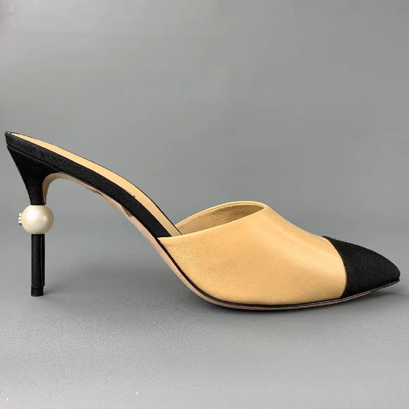 CHANEL Size 11 Beige & Black Two Toned Grosgrain Leather Pearl CC Heel Pumps---Comfortable Leather Pumps for Office and Everyday Wear