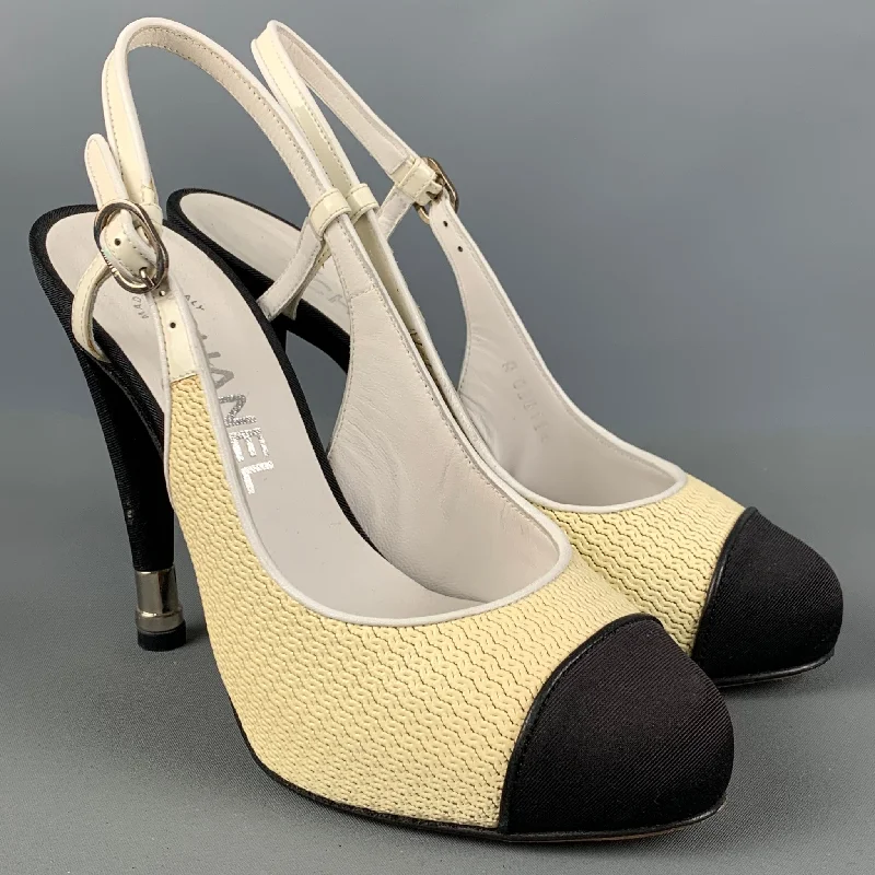 Versatile Heeled Sandals for Any Occasion---CHANEL Size 6 Cream Black Acetate Color Block Slingback Pumps