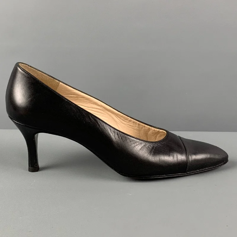 CHANEL Size 7.5 Black Leather Cap Toe Pumps---Comfortable Leather Pumps for Office and Everyday Wear