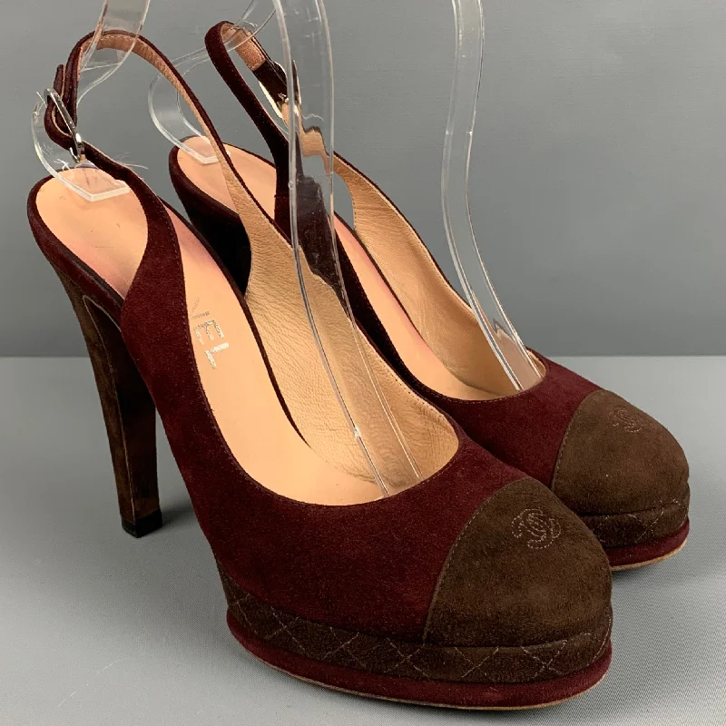 Affordable Suede Ankle Pumps for All-Day Wear--CHANEL Size 7.5 Burgundy Brown Suede Slingback Pumps