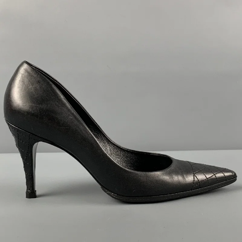 Stiletto Heel Pumps with Perfect Fit--CHANEL Size 7 Black Leather Pointed Toe Pumps-Fashionable & Classic