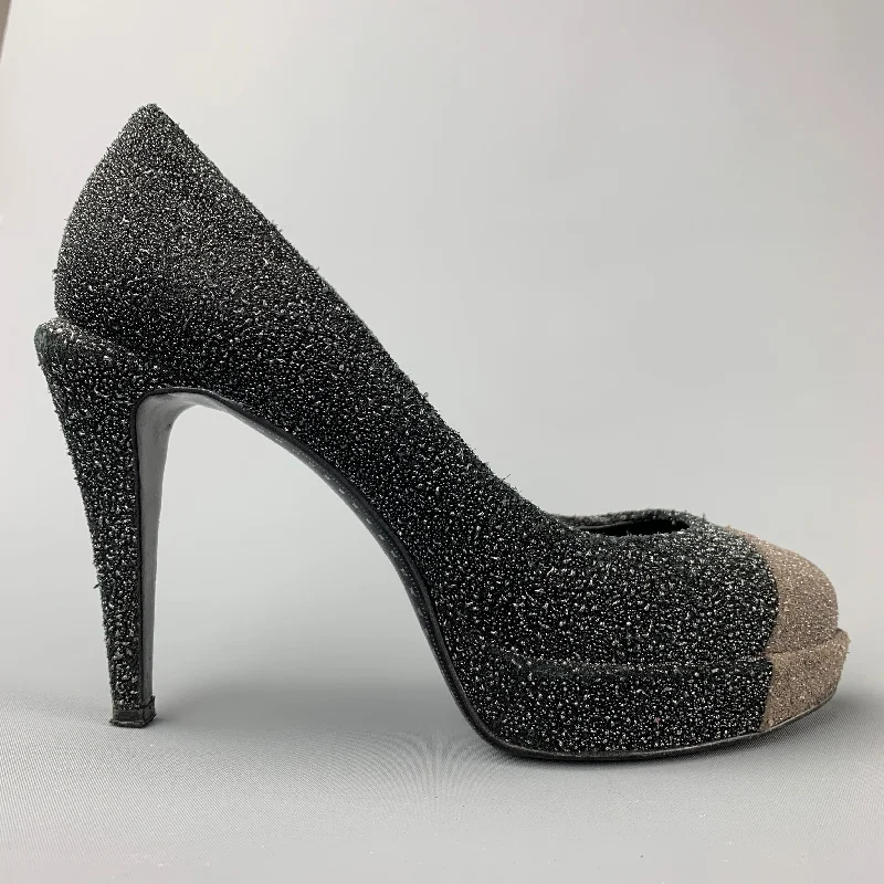 Versatile Heeled Sandals for Any Occasion---CHANEL Size 7 Charcoal & Grey Sparkle Textured Pumps