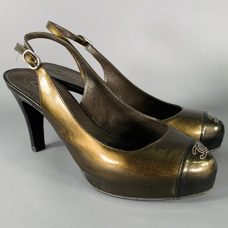 Sleek and Shiny Patent Pump Heels for a Polished Look--CHANEL Size 8.5 Brown Olive Glittered Patent Leather Slingback Heels  Pumps