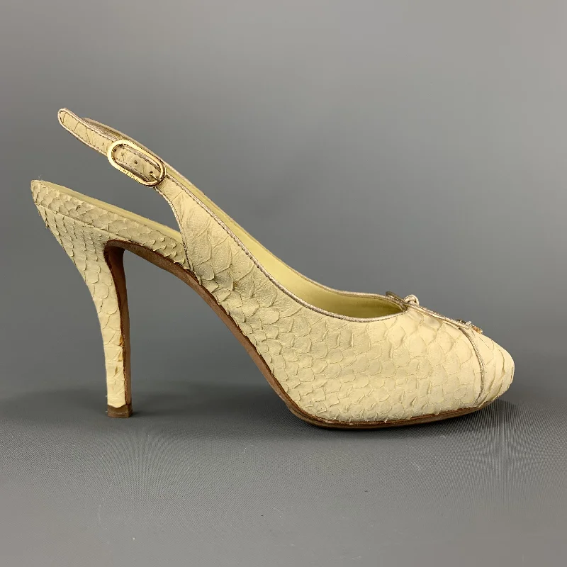 Versatile Heeled Sandals for Any Occasion---CHANEL Size 8.5 Pastel Yellow Snake Skin CC Slingback Pumps