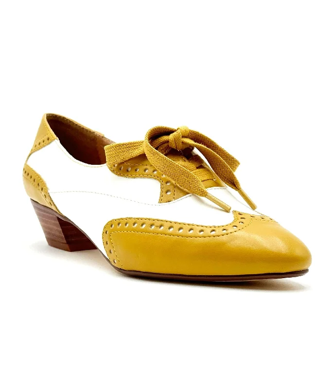 Versatile Heeled Sandals for Any Occasion---Chelsea Crew 1950's Mustard & White Demi Oxford Saddle Shoes