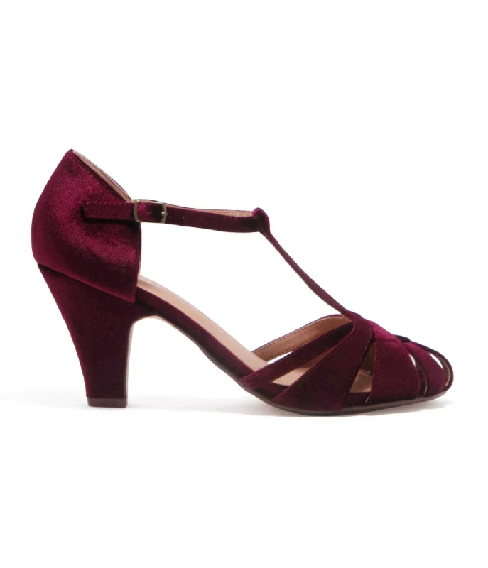 Luxurious Velvet Women's Pumps with Soft Finish---Chelsea Crew 1920s Burgundy Velvet T-Strap Sergi Heels