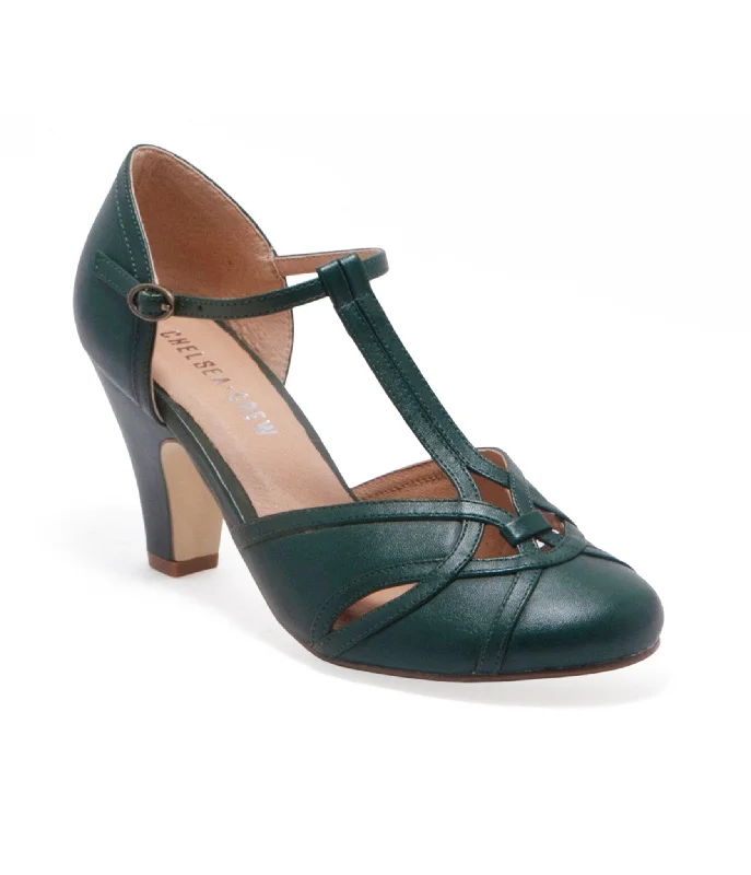 Versatile Heeled Sandals for Any Occasion---Chelsea Crew 1920s Forest Green T-Strap Sandy Heels