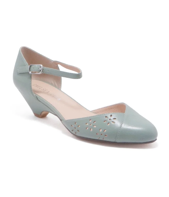 Chelsea Crew 1930s Mint Leatherette Eyelet Percy Heels---Comfortable Leather Pumps for Office and Everyday Wear