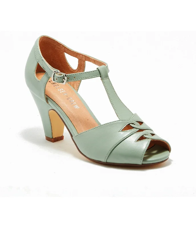 Chelsea Crew 1920s Mint Leatherette T-Strap Catherina Heels---Comfortable Leather Pumps for Office and Everyday Wear