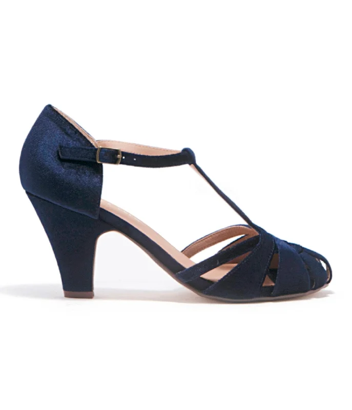 Luxurious Velvet Women's Pumps with Soft Finish---Chelsea Crew 1920s Navy Velvet T-Strap Sergi Heels