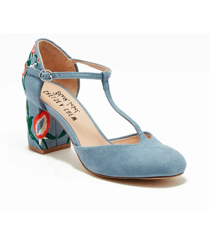 Versatile Heeled Sandals for Any Occasion---Chelsea Crew 1920s Sky Blue T-Strap Embroidered Frenchie Heels