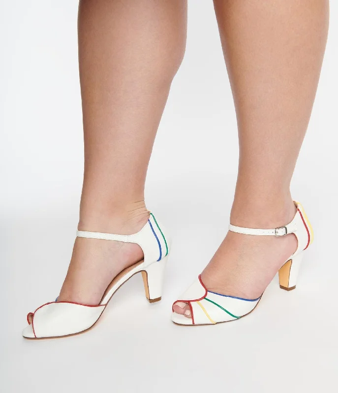 Chelsea Crew White & Rainbow Piping Larisa Heels---Charming Bow Pumps for a Cute and Stylish Look