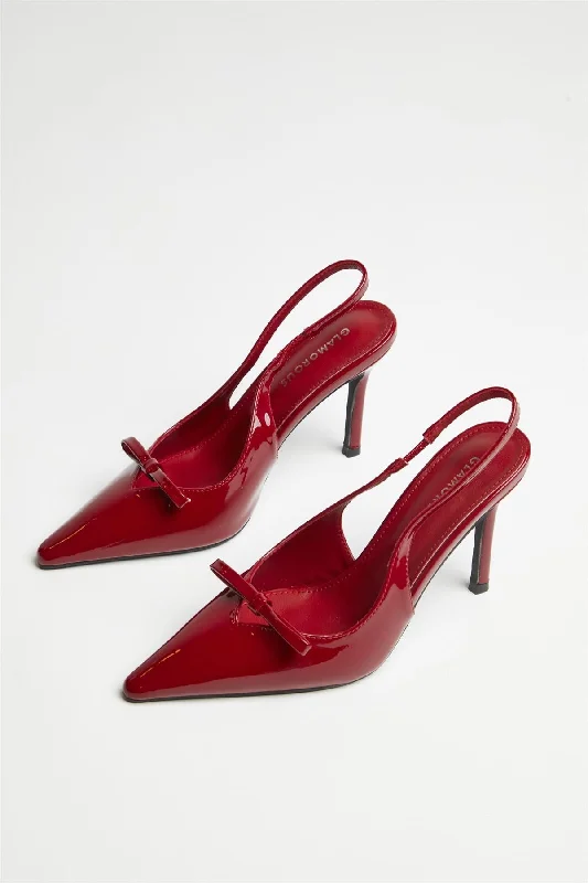 Cherry-Red Bow Slingback-Heels---Charming Bow Pumps for a Cute and Stylish Look