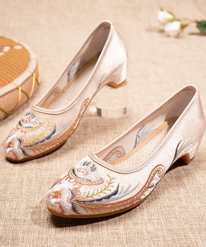 Stiletto Heel Pumps with Perfect Fit--Chic Splicing Pointed Toe Chunky Beige Satin Embroideried-Fashionable & Classic