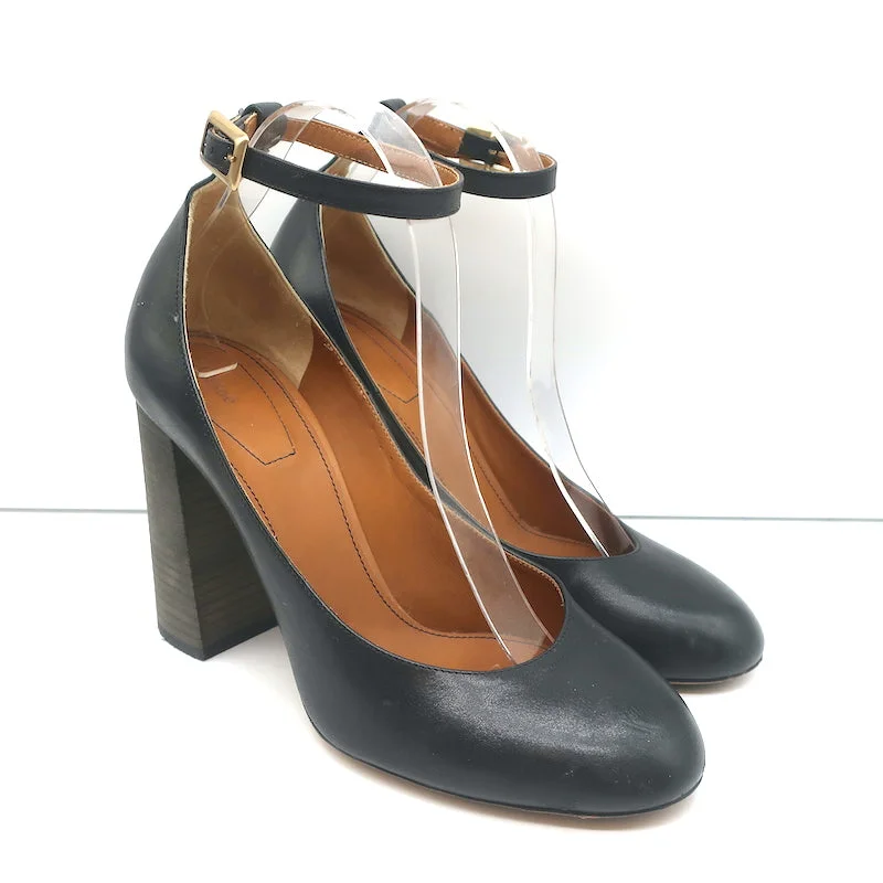 Stylish Ankle Strap Heels for Women--Chloe Ankle Strap Block Heel Pumps Black Leather Size 40