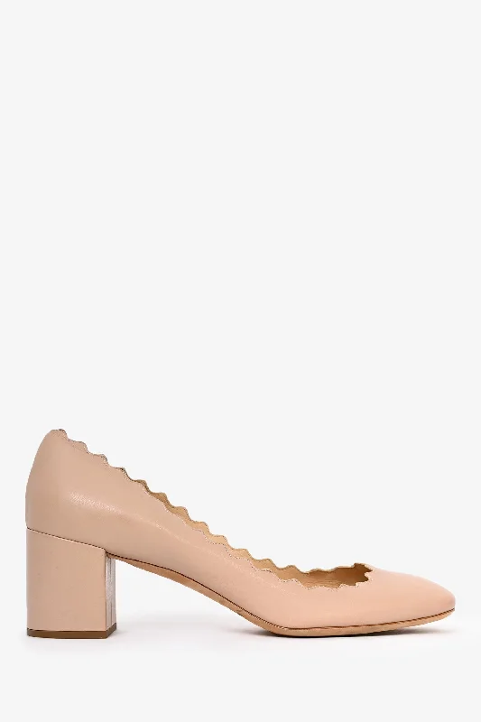 Trendy Chunky Heel Pumps for Casual Wear--Chloe Nude Leather Scalloped Block Heel Size 40