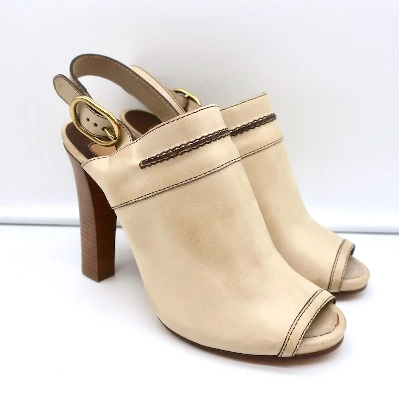 Trendy Peep Toe Platform Heels Crafted from Genuine Leather--Chloe Peep Toe Slingback Heels Off-White Leather Size 40 NEW