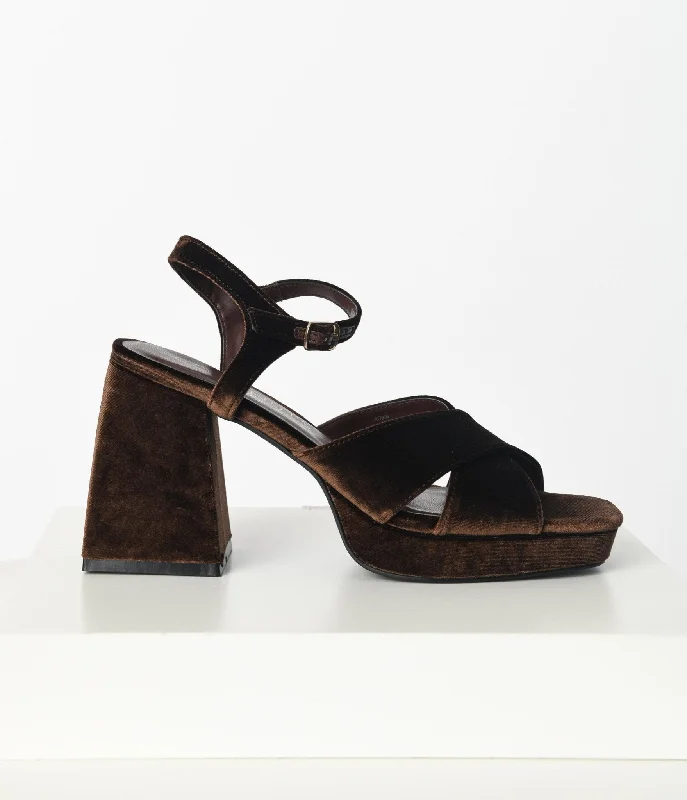 Stylish Platform Heels for Extra Height--1970s Chocolate Brown Velvet Platform Heels