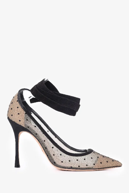 Affordable Suede Ankle Pumps for All-Day Wear--Christian Dior Black/Beige Mesh/Suede Polka Dot Ankle Wrap Pumps Size 39.5