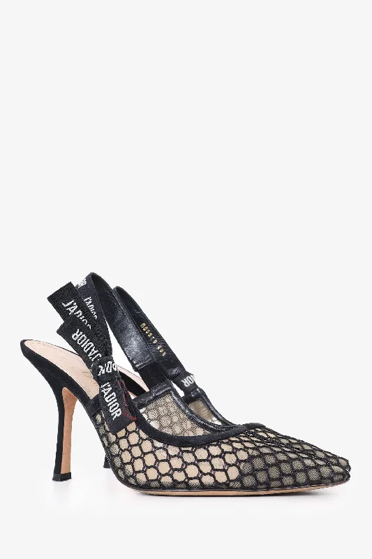 Christian Dior Black/Nude Mesh 'J'ADIOR' Slingback Pointed Heels Size 40.5---Fashionable Kitten Heels for Date Night