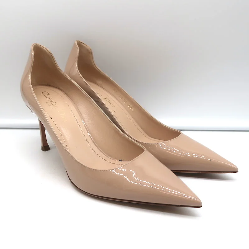 Sleek and Shiny Patent Pump Heels for a Polished Look--Christian Dior D-Moi Pumps Nude Patent Leather Size 38.5 Pointed Toe Heels