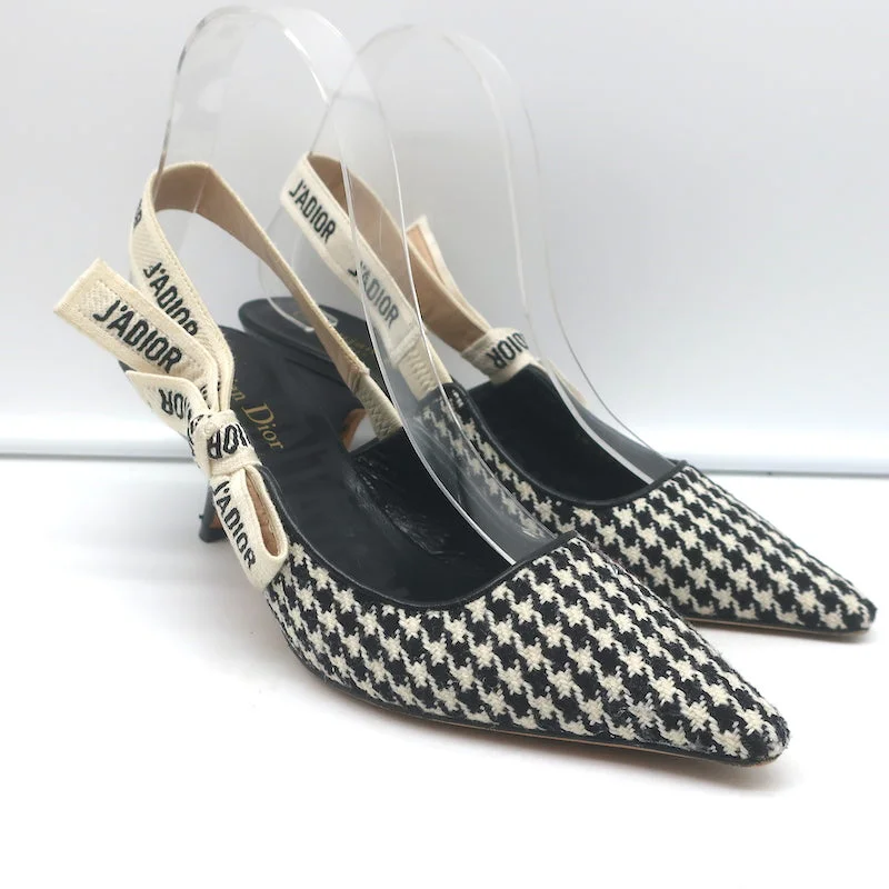 Versatile Heeled Sandals for Any Occasion---Christian Dior J'Adior Slingback Pumps Black & Cream Houndstooth Wool Size 36.5