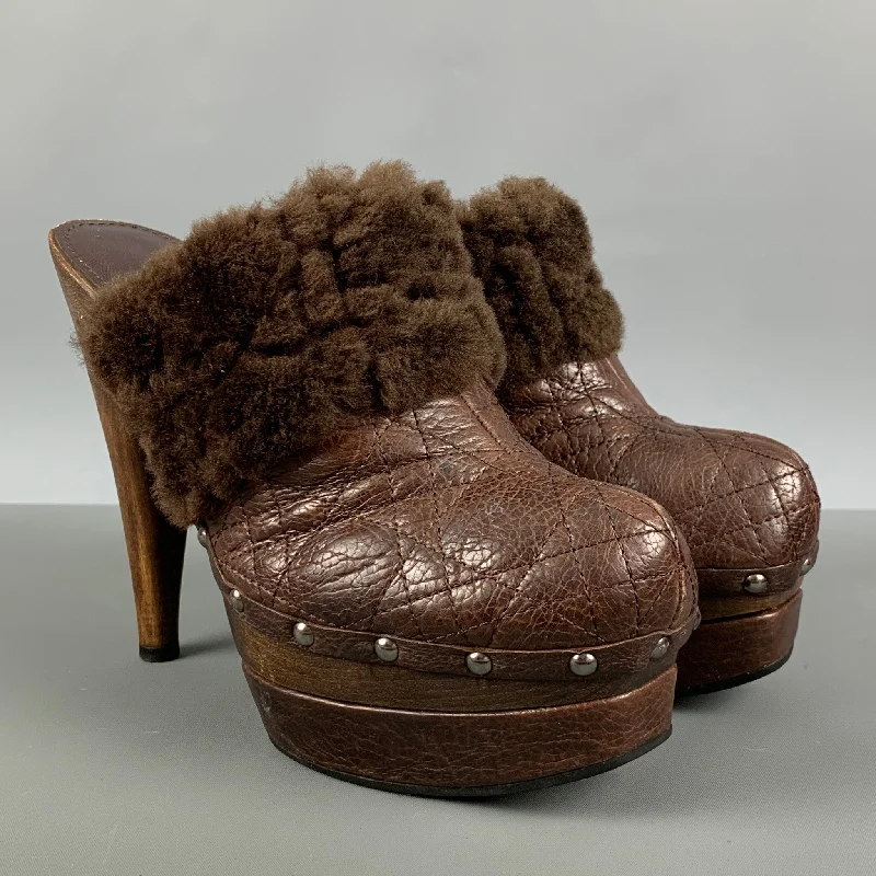 CHRISTIAN DIOR Size 8 Brown Leather Waffle Shearling Clog Pumps---Comfortable Leather Pumps for Office and Everyday Wear