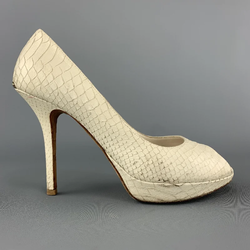 Trendy Peep Toe Platform Heels Crafted from Genuine Leather--CHRISTIAN DIOR Size 9 Cream Snake Skin Peep Toe Platform Pumps