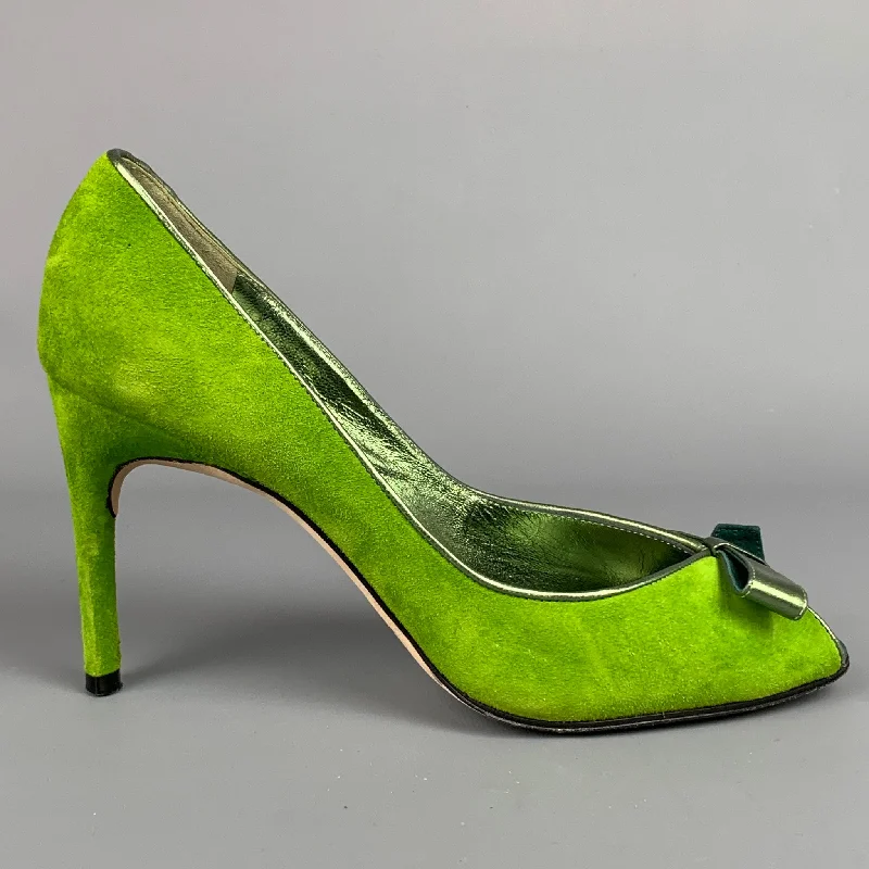 Affordable Suede Ankle Pumps for All-Day Wear--CHRISTIAN LACROIX Size 8 Green Two Toned Suede Bow Pumps