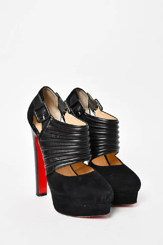 Affordable Suede Ankle Pumps for All-Day Wear--Christian Louboutin Black Suede/Leather "Bye Bye 160" Platform Heels Size 37.5