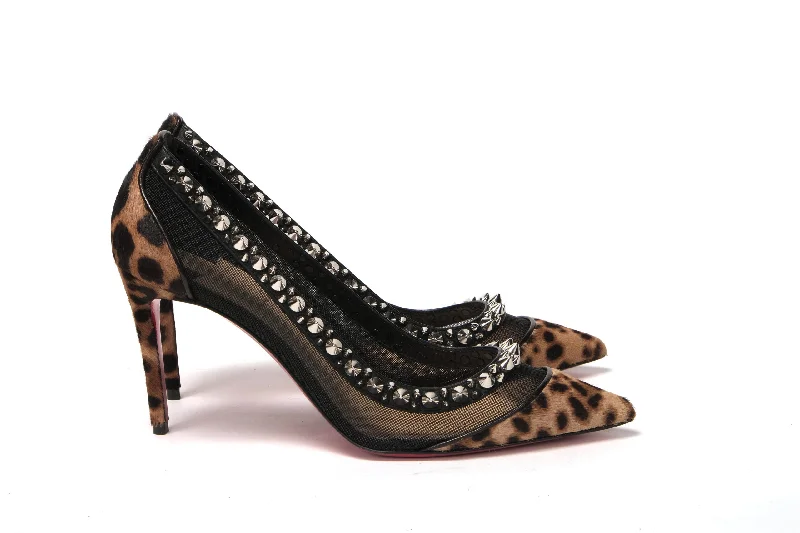 Versatile Dress Heels for Formal and Casual Wear---Christian Louboutin Brown Silver Leopard  Nappa And Mesh Studded High Heels Pumps