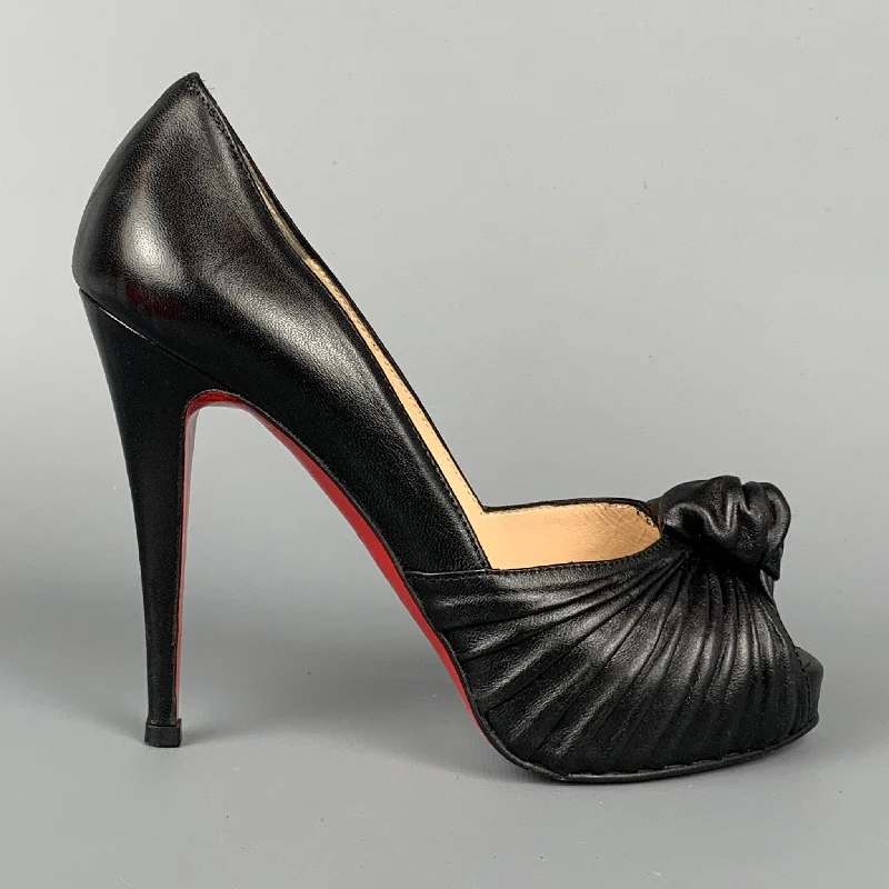 Trendy Peep Toe Platform Heels Crafted from Genuine Leather--CHRISTIAN LOUBOUTIN Jenny Size 6.5 Black Leather Knot Peep Toe Pumps