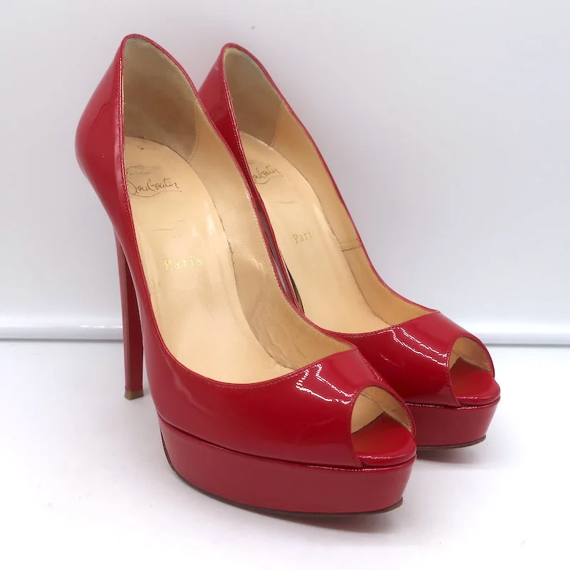 Sleek and Shiny Patent Pump Heels for a Polished Look--Christian Louboutin Lady Peep Platform Pumps Red Patent Leather Size 38