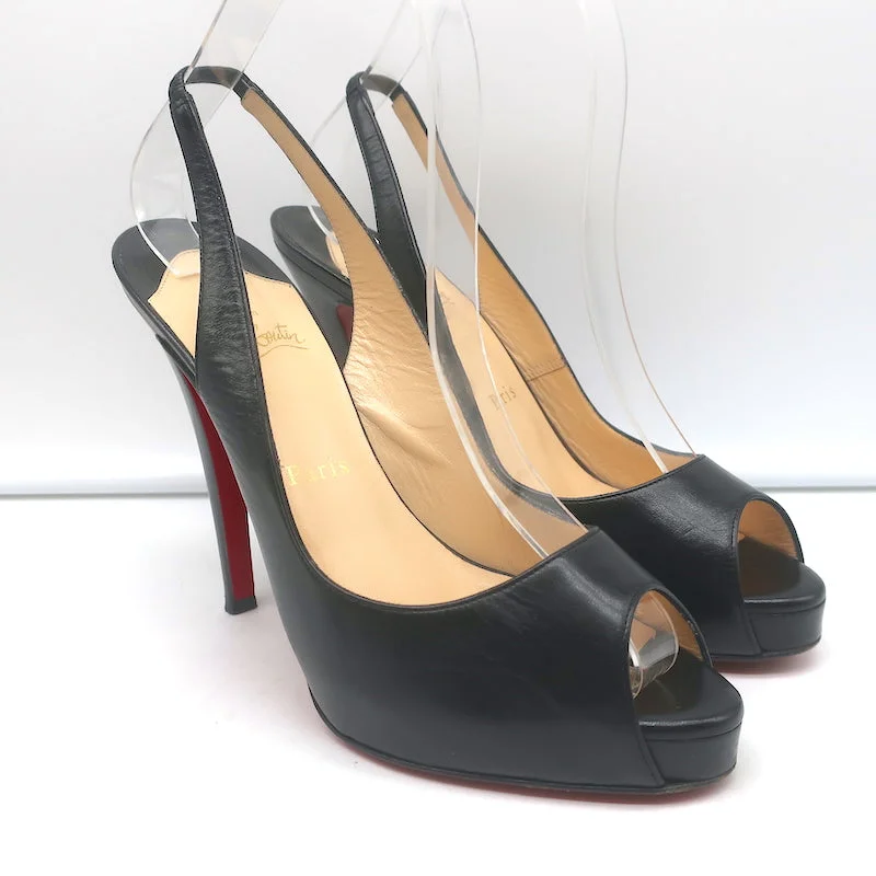 Trendy Peep Toe Platform Heels Crafted from Genuine Leather--Christian Louboutin No Prive Peep Toe Slingback Pumps Black Leather Size 38.5