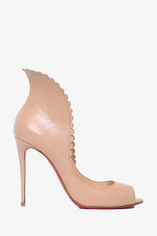 Trendy Peep Toe Platform Heels Crafted from Genuine Leather--Christian Louboutin Nude Scalloped Detail 'Pijonina' Peep Toe Size 38.5