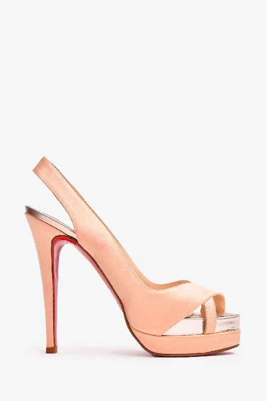 Trendy Peep Toe Platform Heels Crafted from Genuine Leather--Christian Louboutin Pink Satin/Leather Peep Toe Heels