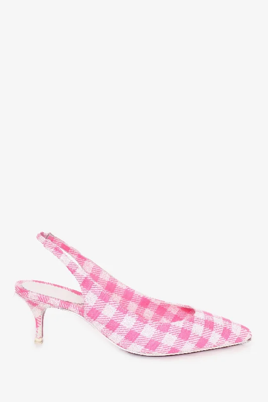 Stiletto Heel Pumps with Perfect Fit--Christian Louboutin Pink/White Kate Gingham Pointed Toe Slingback Pump Size 36-Fashionable & Classic