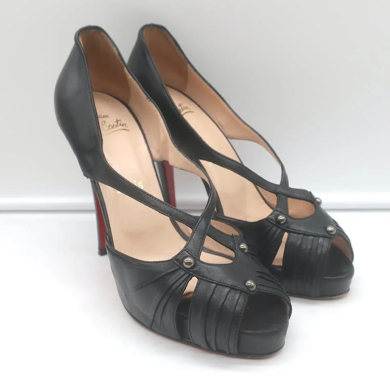 Trendy Peep Toe Platform Heels Crafted from Genuine Leather--Christian Louboutin Scissor Girl Peep Toe Platform Pumps Black Leather Size 38.5