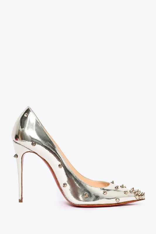 Christian Louboutin Silver Metallic Studded Kate Pumps Size 36---Fashionable Kitten Heels for Date Night