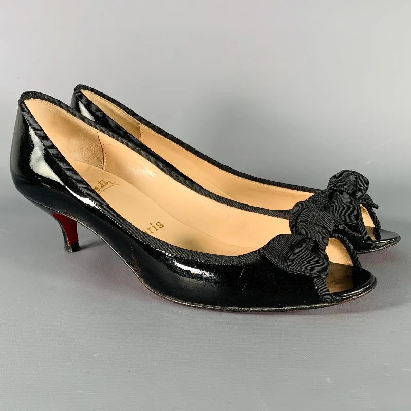 CHRISTIAN LOUBOUTIN Size 6.5 Black Bow Kitten Heels Pumps---Fashionable Kitten Heels for Date Night