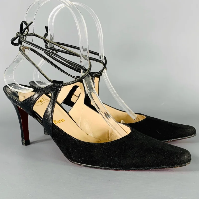 Stylish Ankle Strap Heels for Women--CHRISTIAN LOUBOUTIN Size 6.5 Black Leather Ankle Strap Heels Pumps