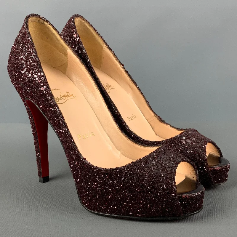 CHRISTIAN LOUBOUTIN Size 6.5 Burgundy Glitter Peep Toe Pumps---Trendy Glitter Heels for a Glamorous Look