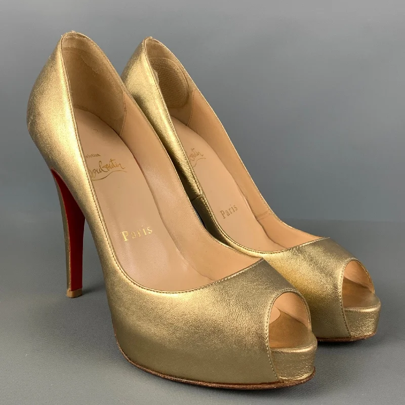 Trendy Peep Toe Platform Heels Crafted from Genuine Leather--CHRISTIAN LOUBOUTIN Size 6.5 Gold Leather Peep Toe Pumps