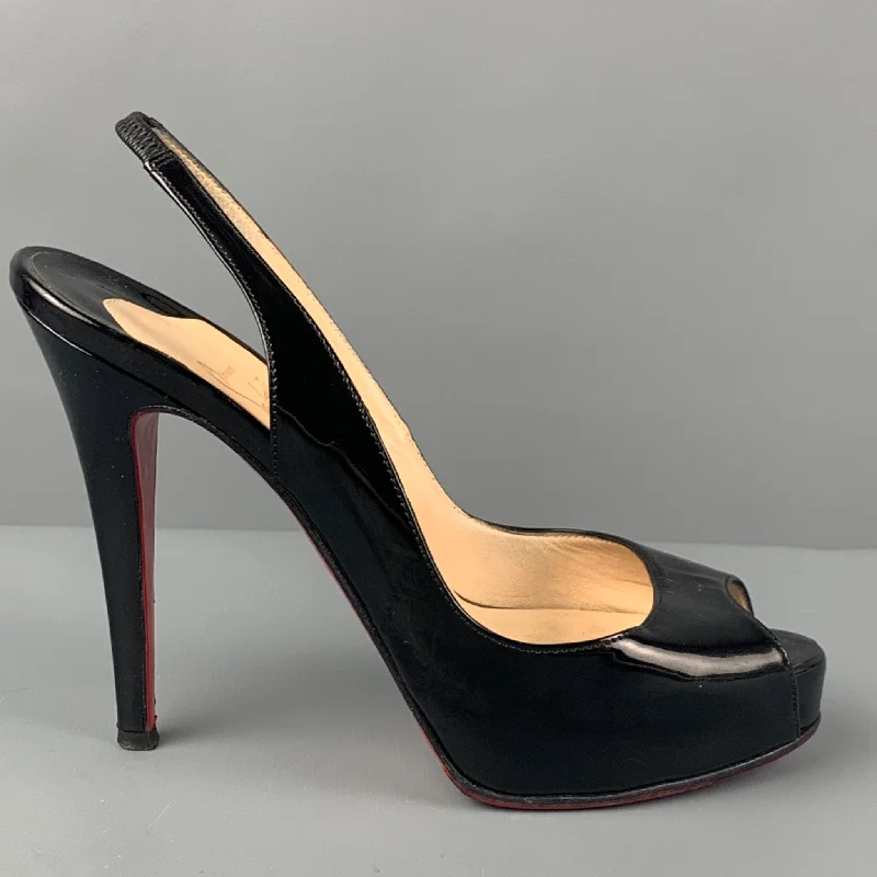 Sleek and Shiny Patent Pump Heels for a Polished Look--CHRISTIAN LOUBOUTIN Size 6 Black Patent Leather Slingback Pumps