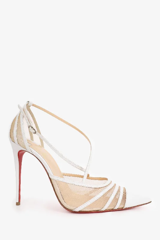 Christian Louboutin White/Nude Leather/Mesh Pointed Heels Size 41---Comfortable Leather Pumps for Office and Everyday Wear